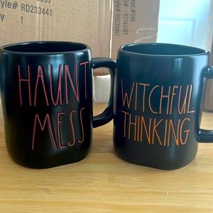 NEW! Set of 2- Rae Dunn Halloween coffee mugs "Haunt Mess" & "Witchful Thinking"